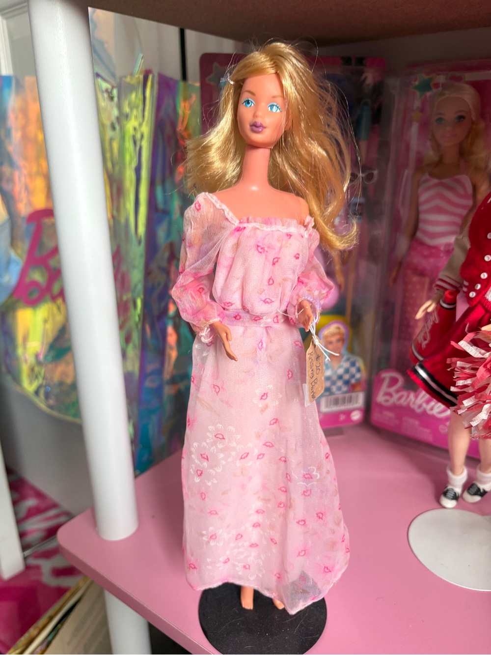 Vintage Kissing Barbie in Pink Floral Sheer Maxi Dress